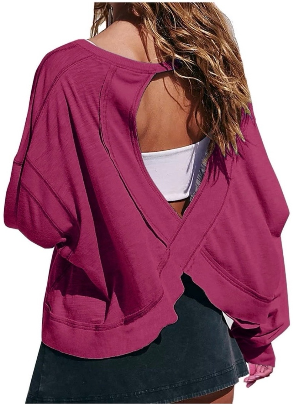 Sundry Open-Back Slub Cotton Long Sleeve Top in Magenta size M
NWT